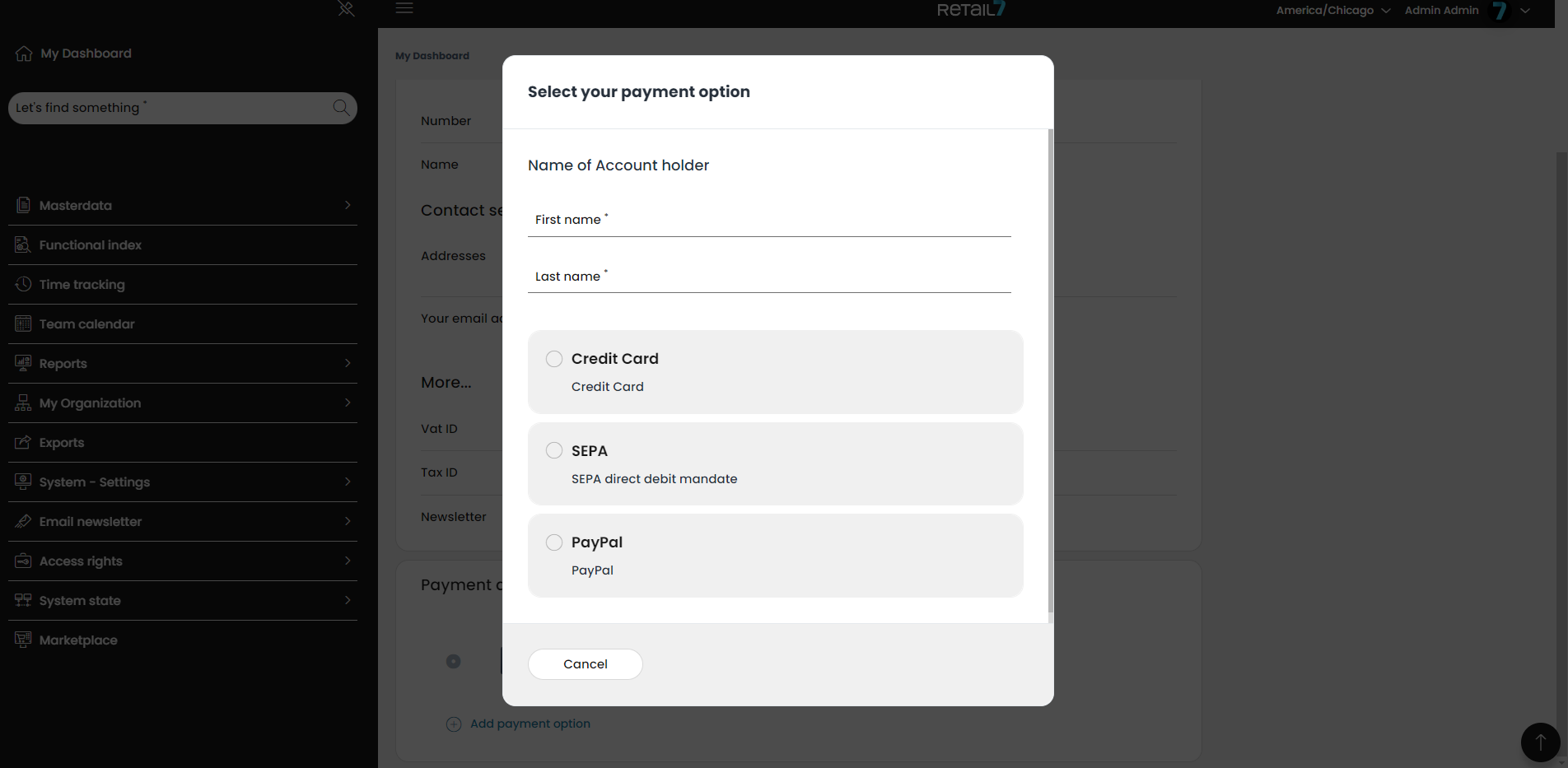 Selecting payment option after the first login to the Management Console