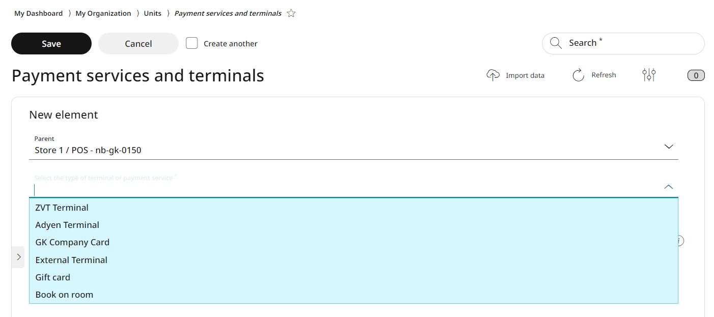 Adding a terminal or payment service