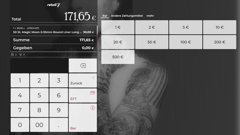 retail7 Kassensoftware für Tattoostudios - Barzahlung Screen