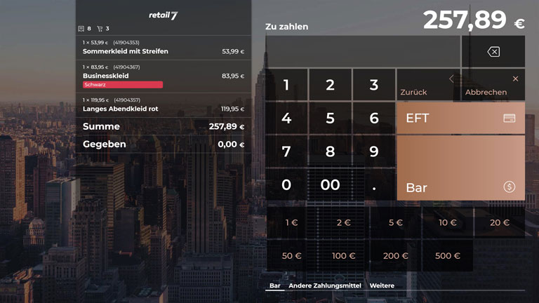 retail7 Kassensystem für Fashion Store - Zu Zahlen Screen